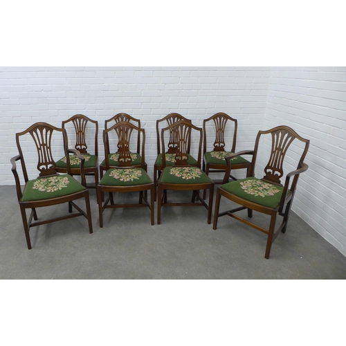 247 - Set of eight Georgian style mahogany dining chairs with arched top rail and pierced splat backs, uph... 