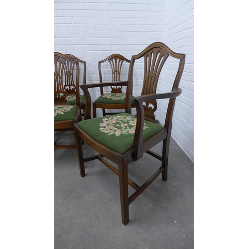 247 - Set of eight Georgian style mahogany dining chairs with arched top rail and pierced splat backs, uph... 