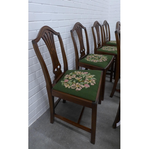 247 - Set of eight Georgian style mahogany dining chairs with arched top rail and pierced splat backs, uph... 