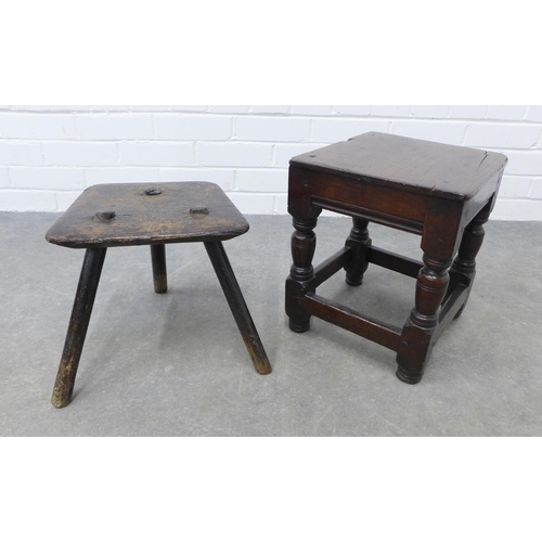 248 - An early dark wood stool with three legs together with a joint stool with square top (2)