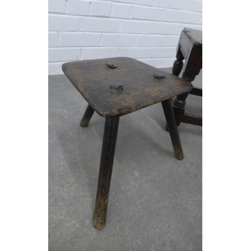 248 - An early dark wood stool with three legs together with a joint stool with square top (2)