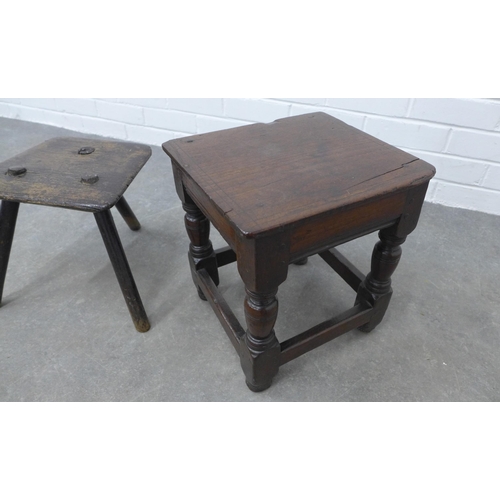 248 - An early dark wood stool with three legs together with a joint stool with square top (2)