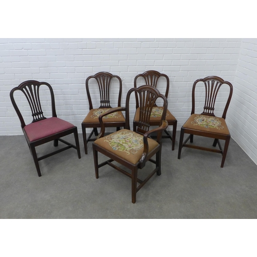 249 - Set of five Georgian style mahogany chairs with arched backs and pierce splats, drop in seats, compr... 