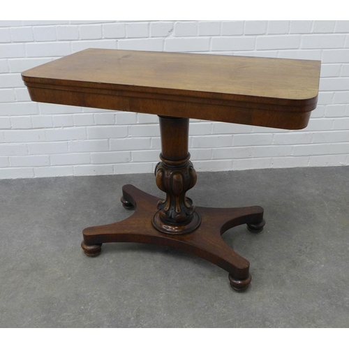 250 - William IV rosewood fold over tea table, rectangular top raised on a lobed baluster column with quad... 