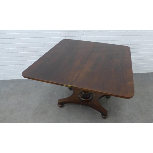 250 - William IV rosewood fold over tea table, rectangular top raised on a lobed baluster column with quad... 