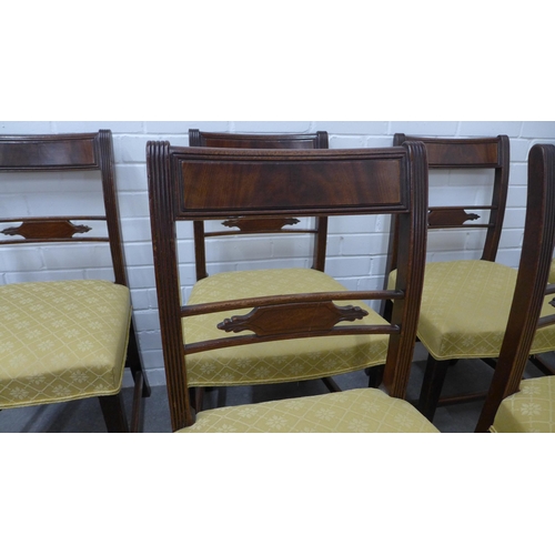 253 - Set of eight 19th century mahogany chairs with tablet backs and foliate cross stretchers, yellow uph... 