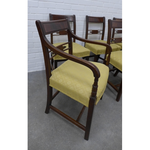 253 - Set of eight 19th century mahogany chairs with tablet backs and foliate cross stretchers, yellow uph... 