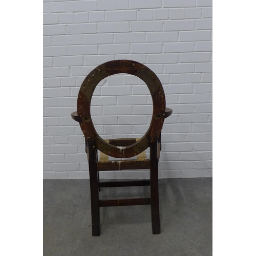 255 - George III mahogany armchair frame with curved oval back and serpentine seat with open scroll arms. ... 