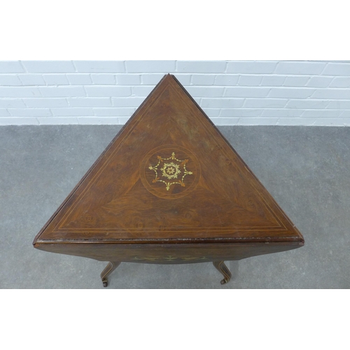 257 - Edwardian inlaid envelope table with undertier, raised on tapering legs with ceramic castors, 71 x 7... 