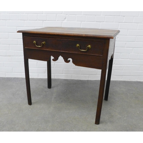 258 - Oak lowboy with single drawer with two brass handles, shaped frieze and square legs,  71 x 75 x 48cm... 