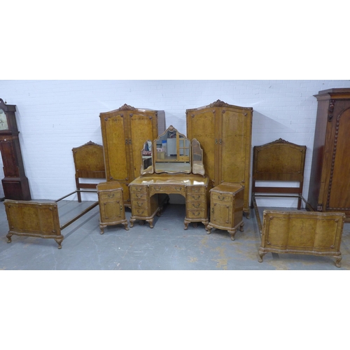 264 - Early 20th century Queen Anne style walnut bedroom suite comprising a pair of two door wardrobes, th... 