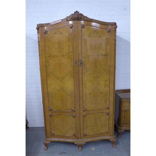 264 - Early 20th century Queen Anne style walnut bedroom suite comprising a pair of two door wardrobes, th... 