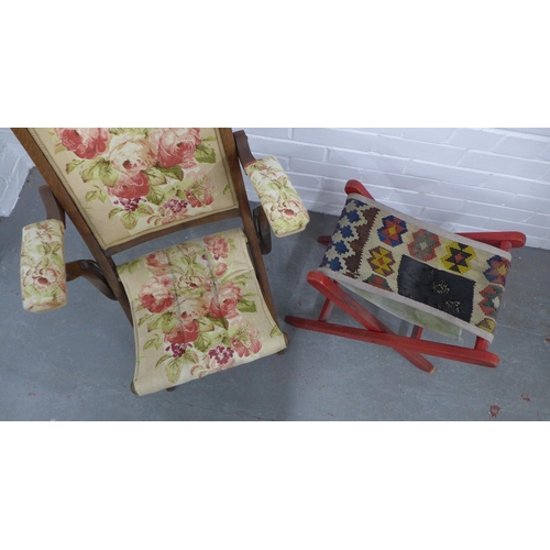 268 - Early 20th century mahogany folding chair together with a folding Kelim stool. 97 x 56cm. (2)