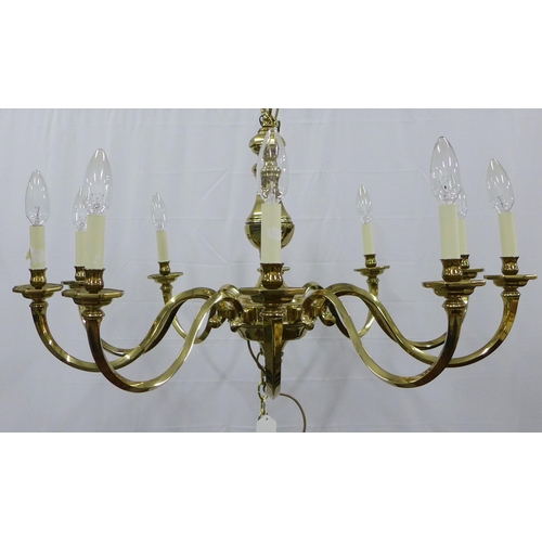 280 - Large & heavy Dutch style brass chandelier, ten scrolling arms with octagonal scones and candle styl... 