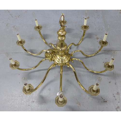 280 - Large & heavy Dutch style brass chandelier, ten scrolling arms with octagonal scones and candle styl... 