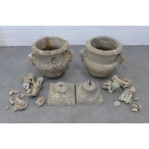 284 - Pair of early garden urns, socle base, (A/F) 63 x 59cm. (2)