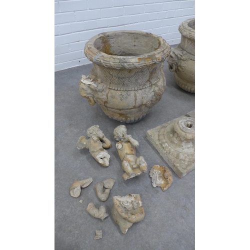 284 - Pair of early garden urns, socle base, (A/F) 63 x 59cm. (2)