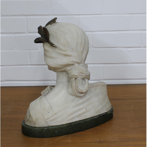 288 - Italian Art Nouveau alabaster bust of Sappho, singed A. Gennai, on a green hardstone base (some loss... 