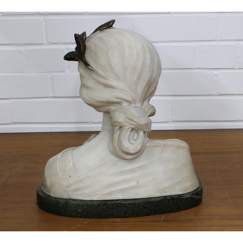 288 - Italian Art Nouveau alabaster bust of Sappho, singed A. Gennai, on a green hardstone base (some loss... 