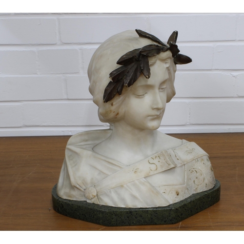 288 - Italian Art Nouveau alabaster bust of Sappho, singed A. Gennai, on a green hardstone base (some loss... 