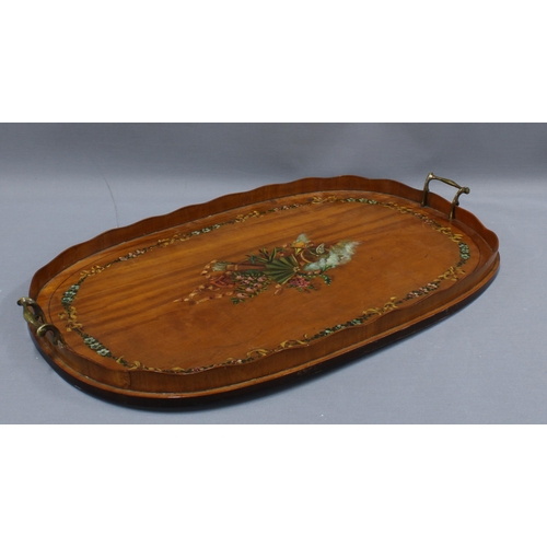 291 - Edwardian painted satinwood tray, oval form with wavy rim and twin brass handles, painted centre (a/... 