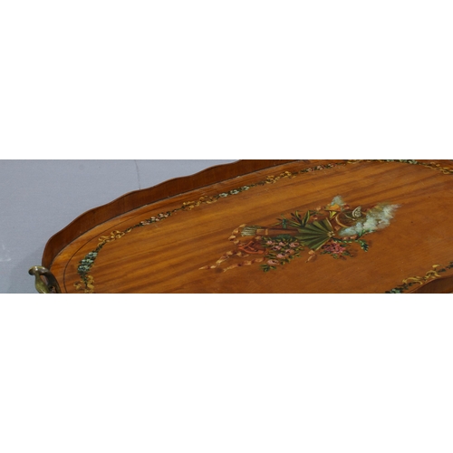 291 - Edwardian painted satinwood tray, oval form with wavy rim and twin brass handles, painted centre (a/... 