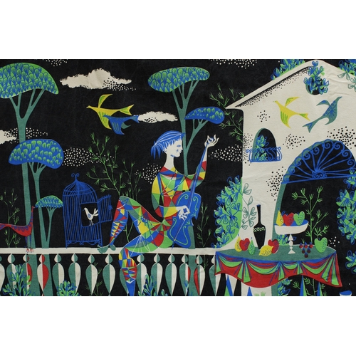 292 - Rene Fumeron (French 1921-2004) printed fabric panel with harlequin musician in a garden with birds,... 