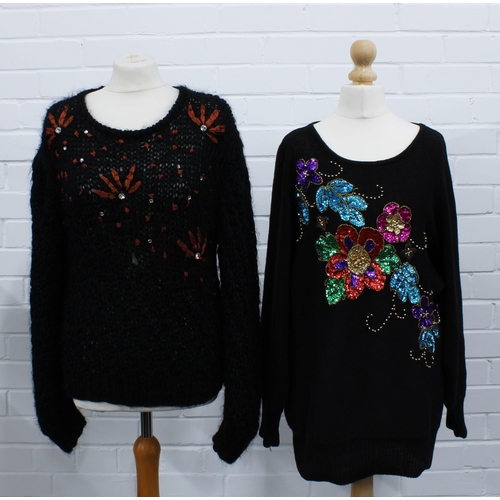 293 - Victoria Jones black wool jumper with sequence floral pattern and another vintage wool jumper with d... 