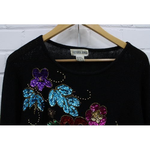 293 - Victoria Jones black wool jumper with sequence floral pattern and another vintage wool jumper with d... 