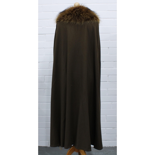 295 - Yves Saint Laurent Rive Gauche wool cape, full length with faux fur trim collar, gilt metal chain st... 