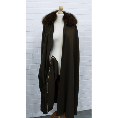 295 - Yves Saint Laurent Rive Gauche wool cape, full length with faux fur trim collar, gilt metal chain st... 