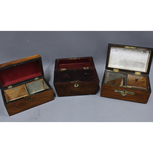 318 - Three 19th century tea caddies to include a brass mounted mahogany caddy and two others, largest 21c... 