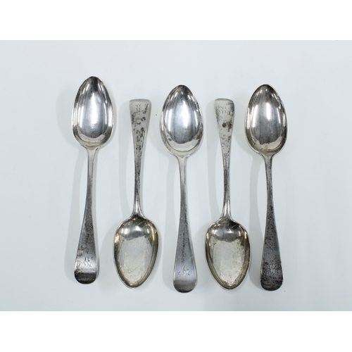 33 - Set of five19th century provincial silver table spoons, Old English pattern, 21cm long (5)