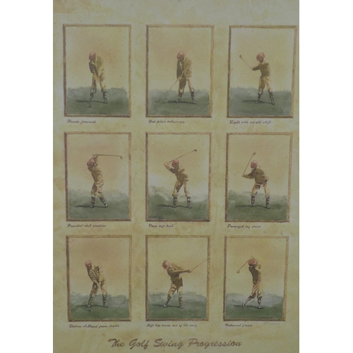 339 - David Nichols, 'The Golf Swing Progression' watercolour, framed with glass, 62 x 80cm