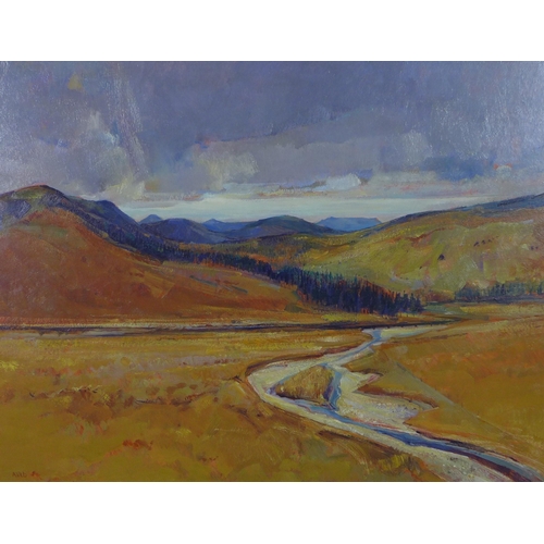 340 - Eric Auld (Scottish 1931 - 2013) Quoich Water & Ben Abourd, oil on board, signed, framed 75 x 58cm