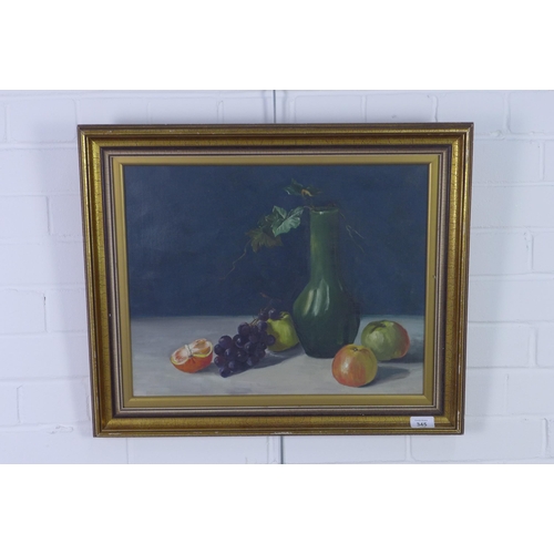 345 - Still life oil on canvas with vase, ivy and fruit, apparently unsigned, under glass within a giltwoo... 