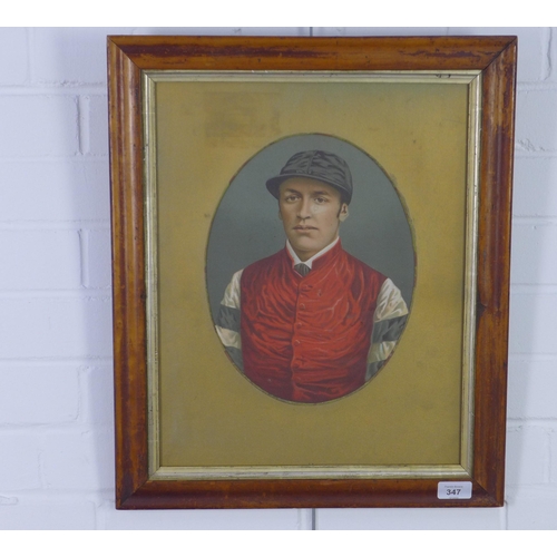 347 - Late 19th / early 20th century lithographic print of a Jockey, framed under glass, 44 x 53cm includi... 