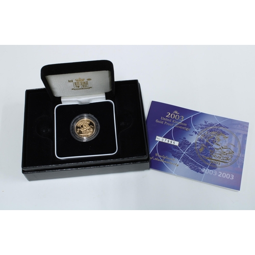 36 - QEII gold proof sovereign, 2003, with Royal Mint presentation box and certificate numbered 07995