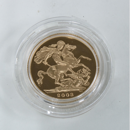 36 - QEII gold proof sovereign, 2003, with Royal Mint presentation box and certificate numbered 07995