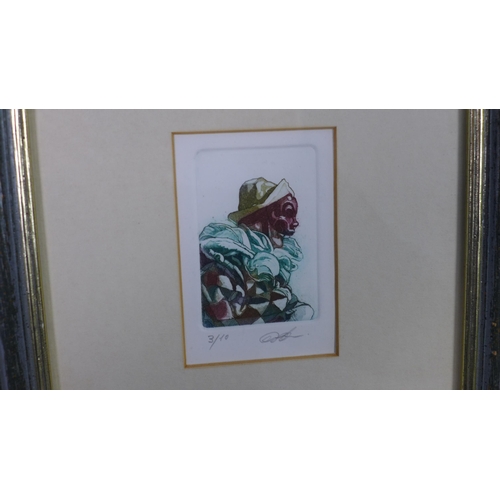 361 - Pierrot clown, coloured etching, signed indistinctly and numbered 3/10, framed under glass, 7 x 5cm