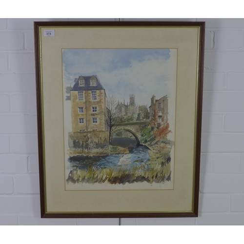 374 - Water of Leith at Stockbridge, watercolour, unsigned, framed under glass, 40 x 52cm