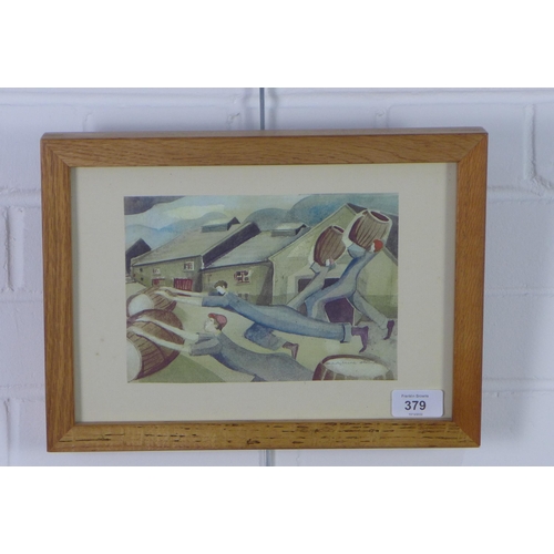 379 - Madeleine Hand, watercolour on paper of brewery workers, signed and framed under glass, 20 x 15cm