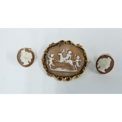 40 - Cameo brooch and shell cameo earrings, all set in unmarked yellow metal (3)