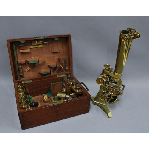 401 - 19th century lacquered brass microscope with a Wenham's Binocular  by Ross, London, together with va... 