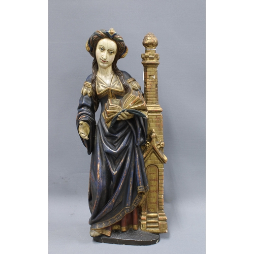 402 - Early polychrome painted and gilded wood figure of Saint Barbara, with a Spritzer collection 1893 la... 