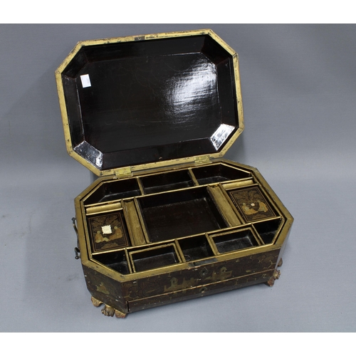 407 - 19th century Chinese gilt lacquered box, the hinged lid with canted corners, opening to reveal a sel... 