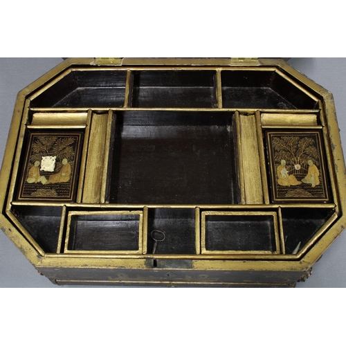 407 - 19th century Chinese gilt lacquered box, the hinged lid with canted corners, opening to reveal a sel... 