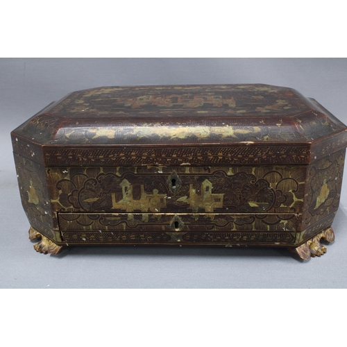 407 - 19th century Chinese gilt lacquered box, the hinged lid with canted corners, opening to reveal a sel... 