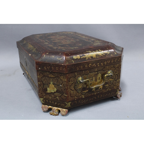 407 - 19th century Chinese gilt lacquered box, the hinged lid with canted corners, opening to reveal a sel... 