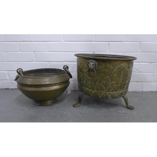 416 - Two brass planters, one with hairy paw feet, 40cm diameter and a collection of pottery planters  (6)